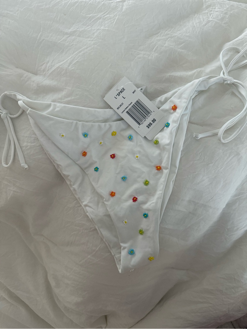 l*space White Bikini Bottom with Gold Logo and Multicolor Floral Embroidery